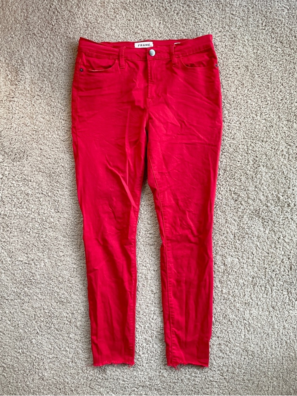 FRAME Denim Cherry Red Frayed Ankle Le High Skinny Jeans Size 29 (or size 8)
